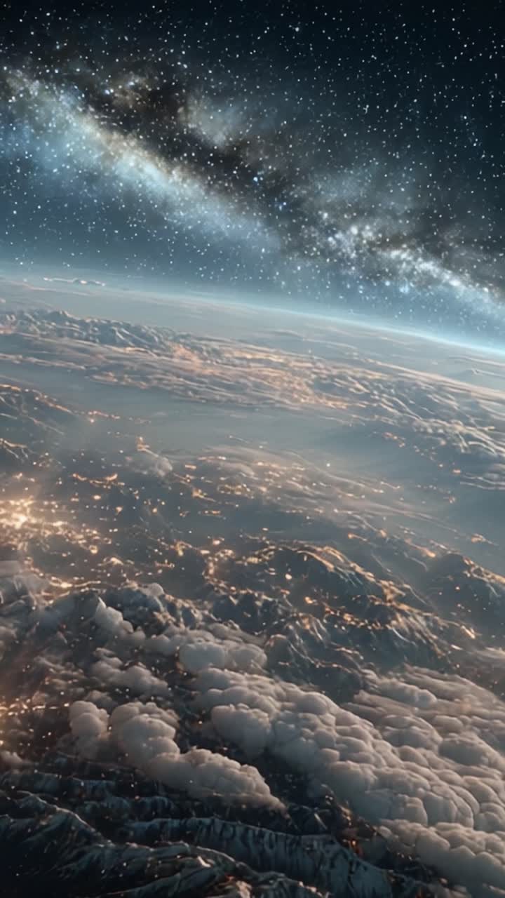 Pemandangan Bumi yang Memukau dari Luar Angkasa: Awan Menawan, Pegunungan, dan Bima Sakti Berbintang di Atas, Menampilkan Keindahan Planet Kita dari Perspektif Astronomi.