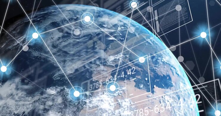 Animation of data processing and network of connections over globe