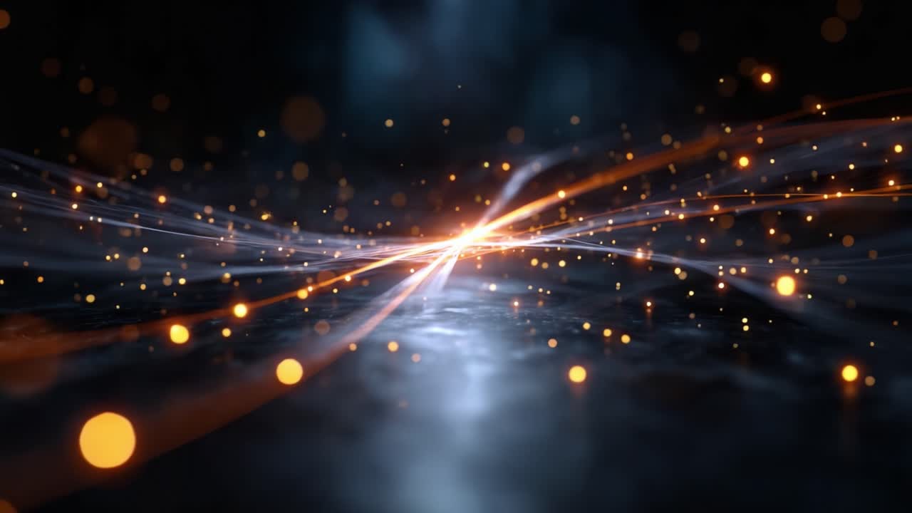 Movimento fluido dinamico con particelle dorate e bagliori su sfondo scuro, per un’esperienza visiva ipnotica di luce e flusso di energia che si fondono