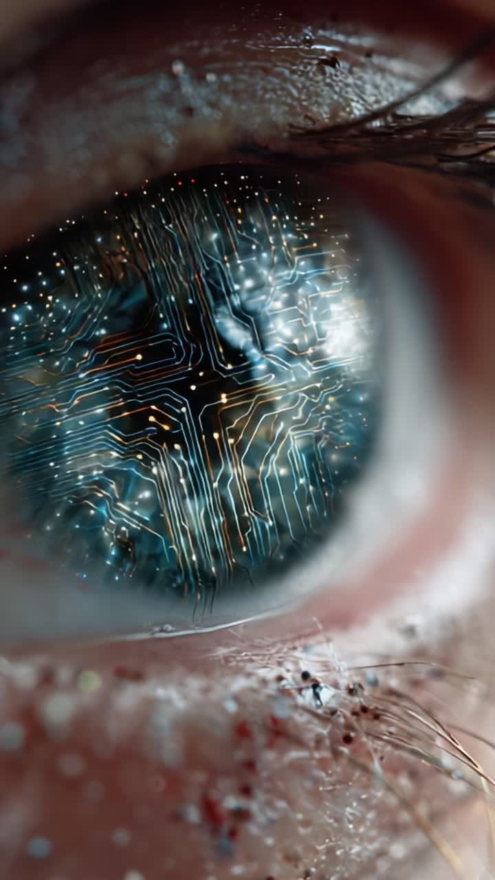 Captivating Close-Up of an Eye Reflecting an Intricate Circuit Design, Merging Biological and Technological Elements with Stunning Detail