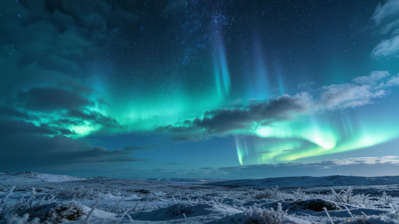 In risposta al vento solare, l'aurora boreale sorge e si illumina sopra la tundra innevata, rivelando le stelle.