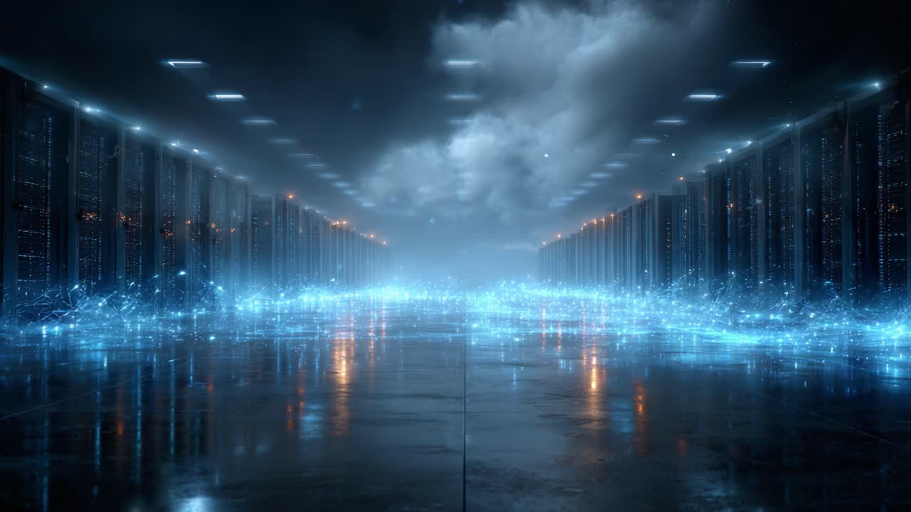 A Mystical Journey Through a Futuristic Data Center with Shimmering Light Trails and a Cloud Formation Hovering Above in a Darkened Environment