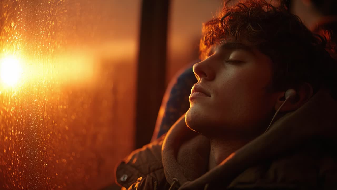 Un Momento di Quiete in Autobus: Un Giovane Si Gode la Serenità del Tramonto Ascoltando Musica, Perso nei Pensieri nel Caldo Bagliore della Luce Serale.