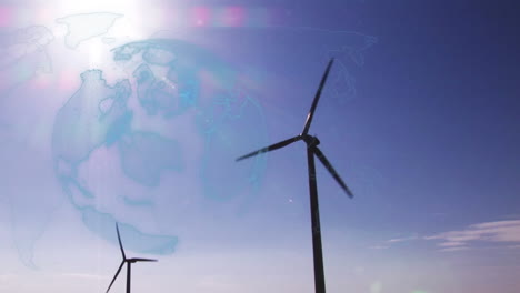 animation of globe over wind turbines in countryside