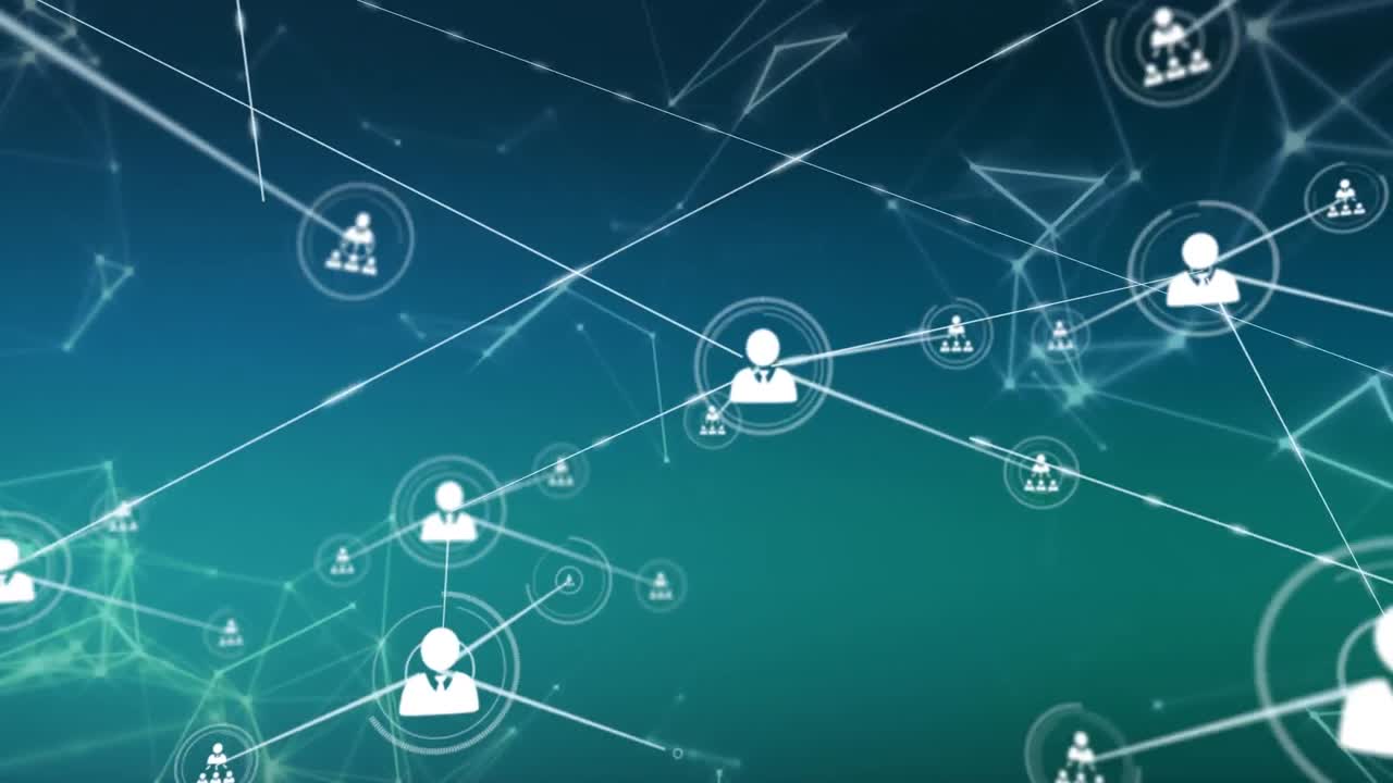 Animation of network of profile icons over network of connections on green gradient background