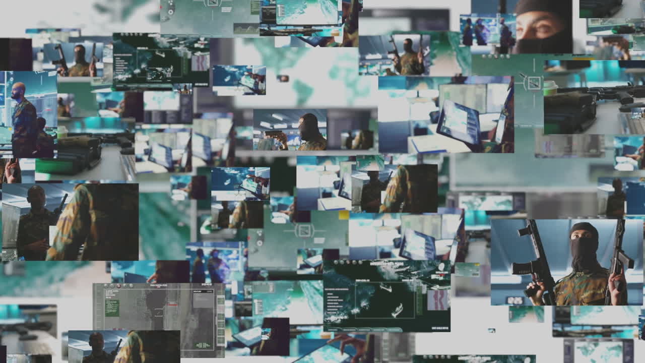 Rotating multi screen display showing military tactical operations