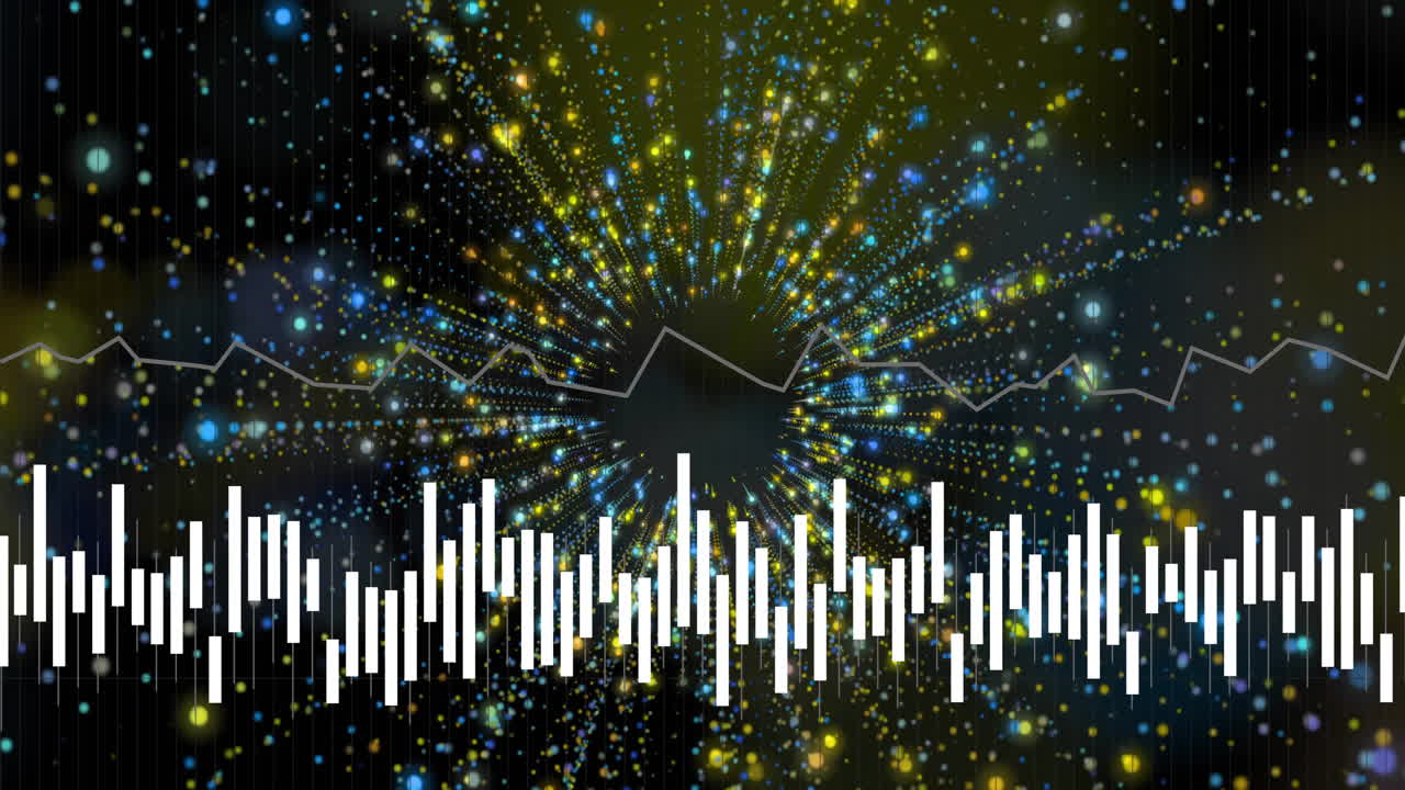 음파 애니메이션으로 중심에서 방사하는 다채로운 입자
