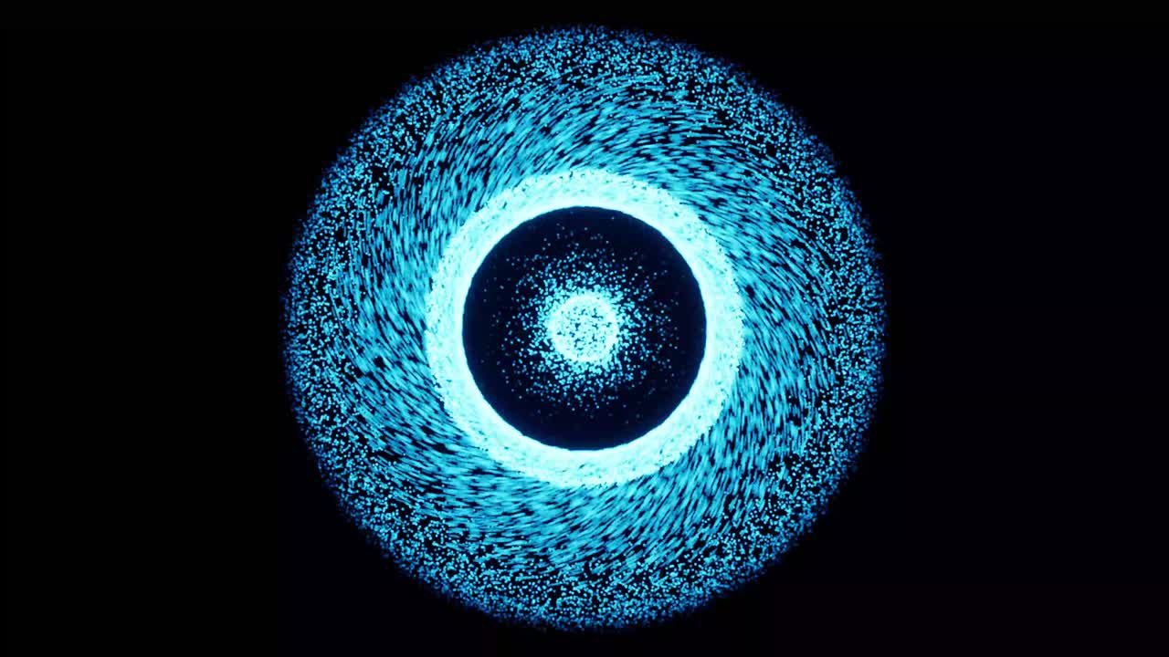 efectos visuales, vfx, círculo azul partículas de tornado en fondo negro animación en 3d