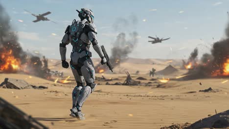 a solitary futuristic soldier traverses a war-torn desert landscape, surrounded by explosions and helicopters amidst a desolate battlefield filled with debris