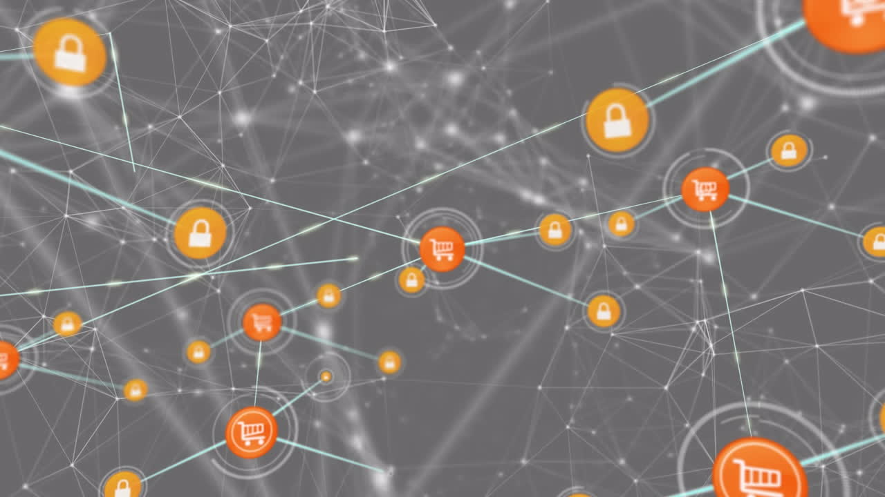 animación de la red de conexiones e iconos digitales contra un fondo gris