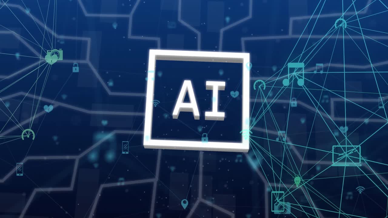 animación de un procesamiento de datos con iconos y red de conexiones