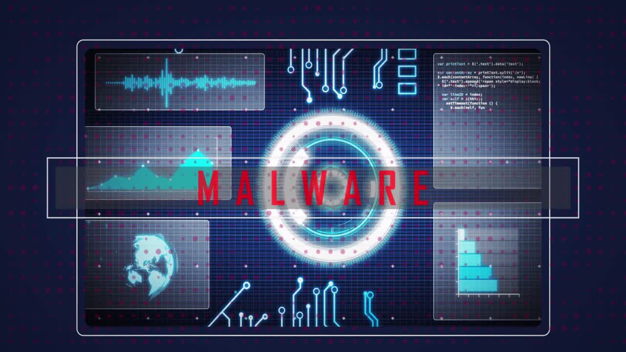 animación del texto de malware, escaneo de alcance y procesamiento de datos.