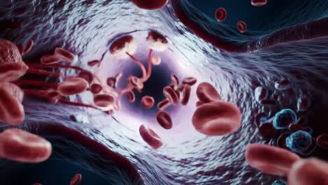 an intricate view inside blood vessels: exploring the dynamic flow of red blood cells through the human circulatory system in stunning detail