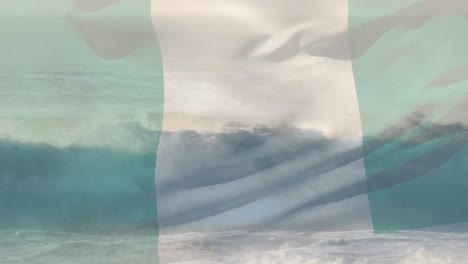 Animation-Der-Flagge-Nigerias,-Die-über-Der-Sonne-Auf-Wellen-Weht,-Die-Im-Meer-Brechen