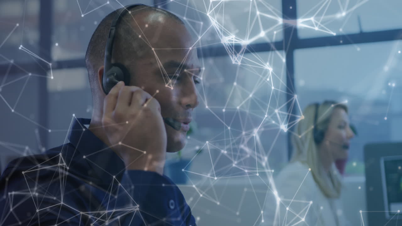 Animation of connections and data processing over diverse business people working in office
