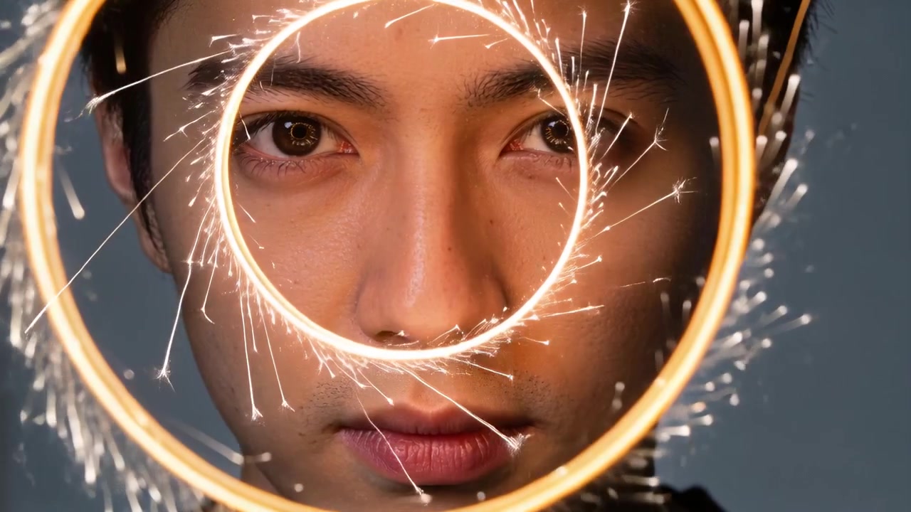 Holding Asian male facing forward in studio while sparkler ring lighting halo sparks for portrait