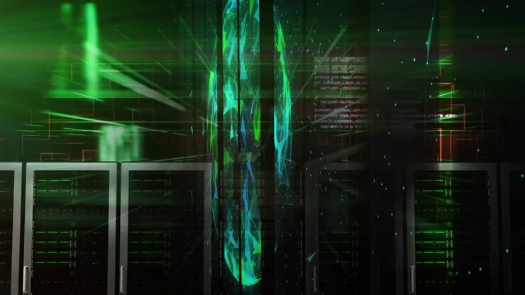Animation of data processing and globe over server room