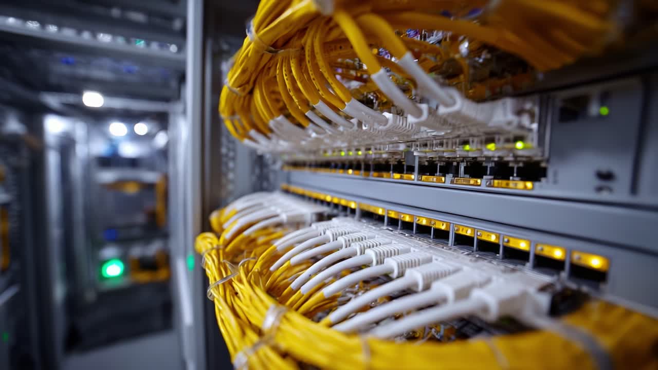 A detailed look at organized data cables in a server room, showcasing the interconnectedness and infrastructure that support modern networking technologies