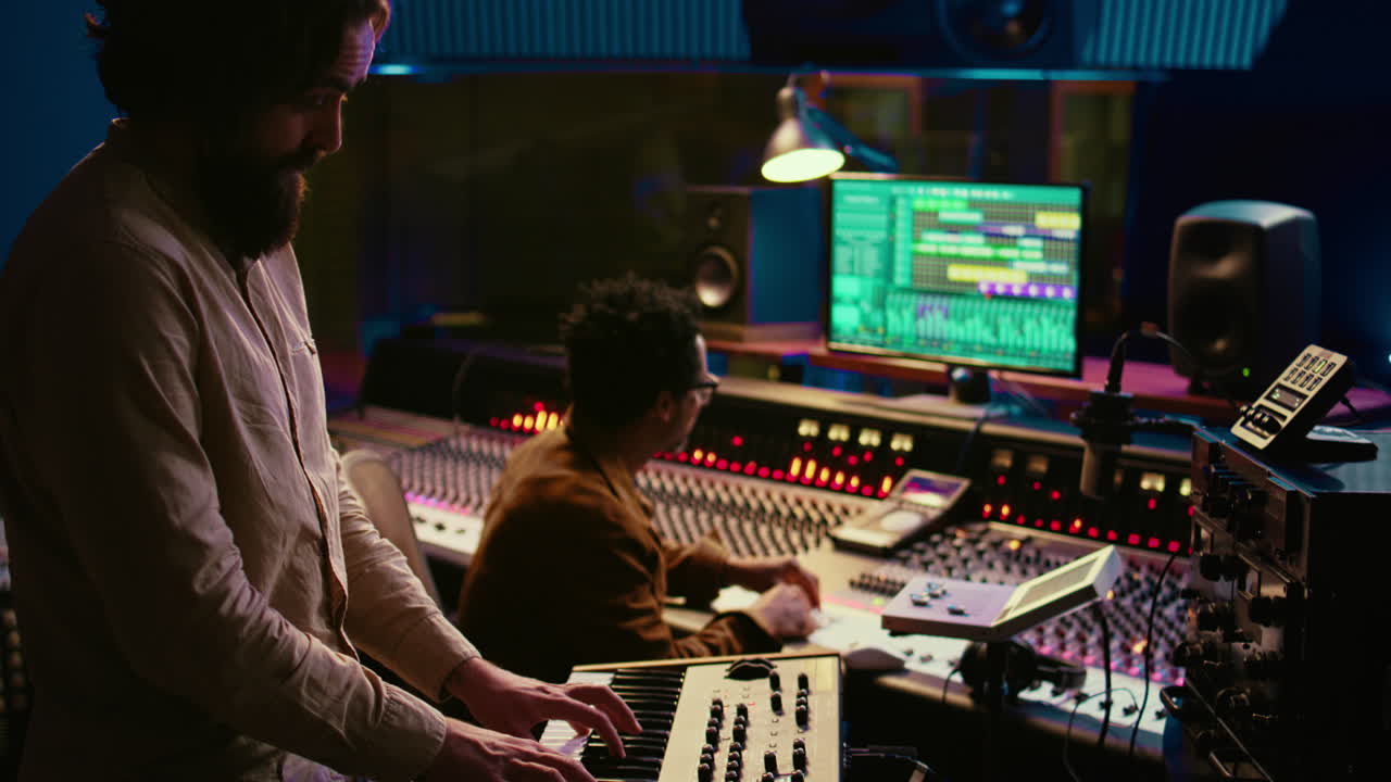 뮤지션 작곡가가 프로 스튜디오에서 미디 컨트롤러 신시사이저를 연주하고 있습니다.