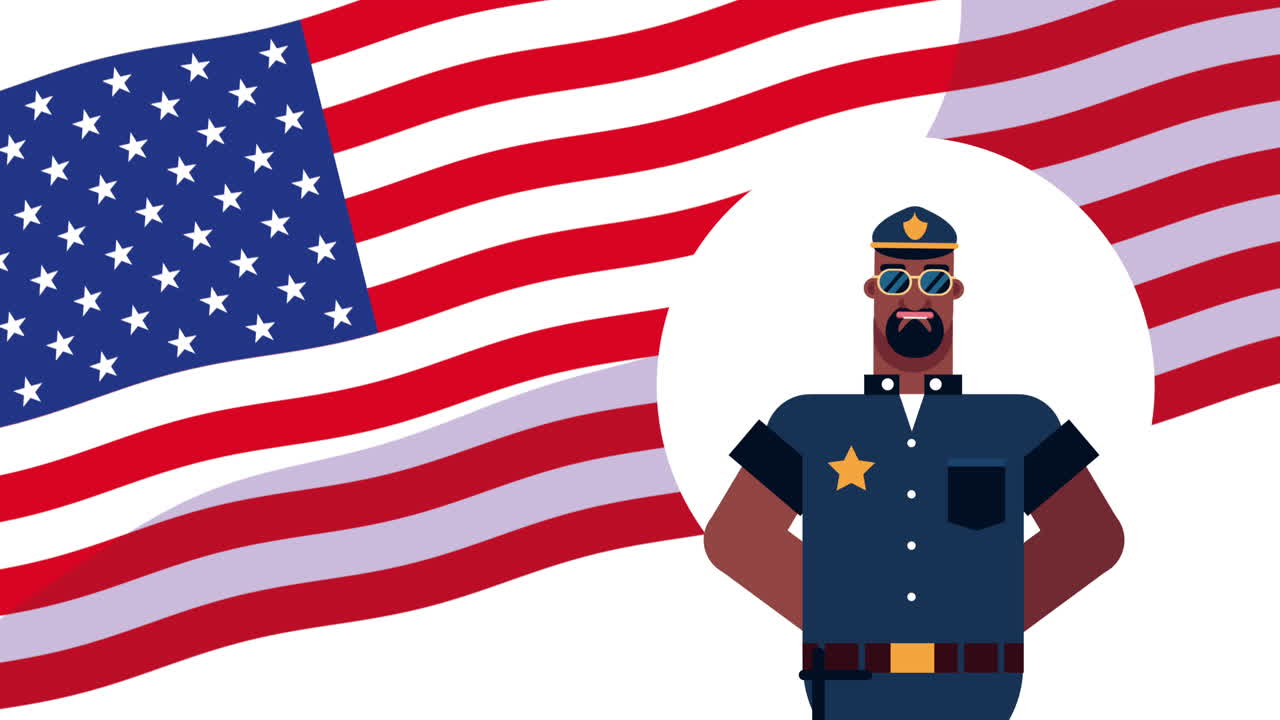 oficial de policía personaje trabajador con animación de bandera de ee.uu.