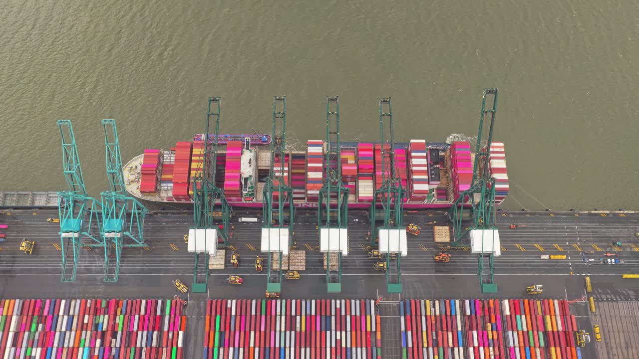 Drone footage of Port of Antwerp with ships and containers, Belgium