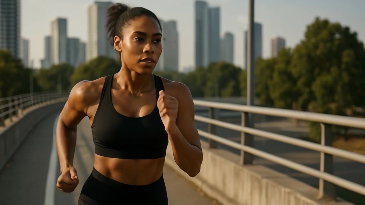 Donna Atletica che Fa Jogging su Ponte Urbano al Tramonto