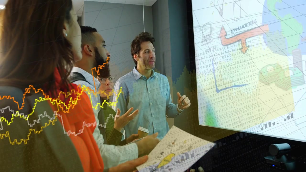 Business team left of display, lead pointing and causing waveform crossing group for review