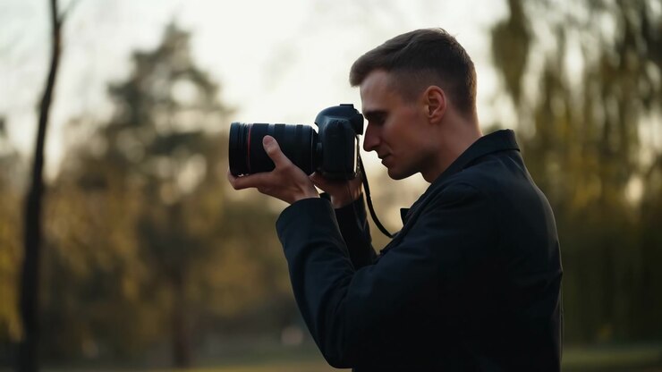 Side view shows a man steadily lifting a camera toward his face and looking through the viewfinder, with dark clothing silhouetted against softly lit woodland behind him.