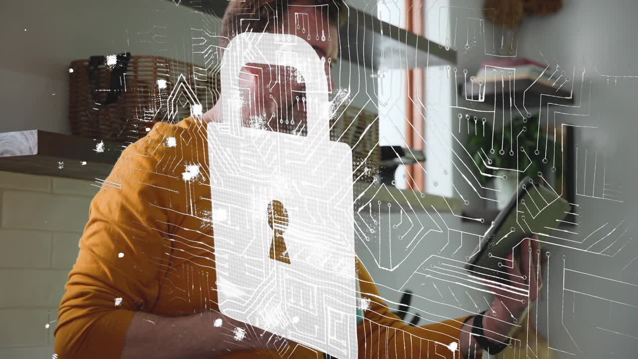 Adult man raising and tapping tablet in kitchen, activating circuit and padlock scene for security