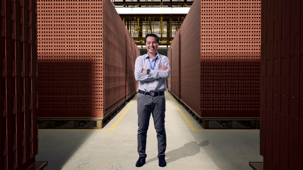 Full Body Shot Captures Of An Asian Male Professional Worker Standing With Red Brick Packed in Stacks Are Stored, His Broad Smile At The Camera And Cross His Arm Over His Chest