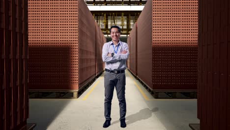 full body shot captures of an asian male professional worker standing with red brick packed in stacks are stored, his broad smile at the camera and cross his arm over his chest