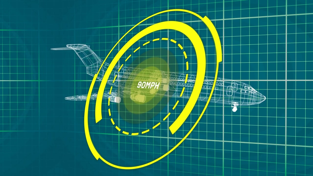 Speedometer over round scanner against 3d airplane model spinning on blue background