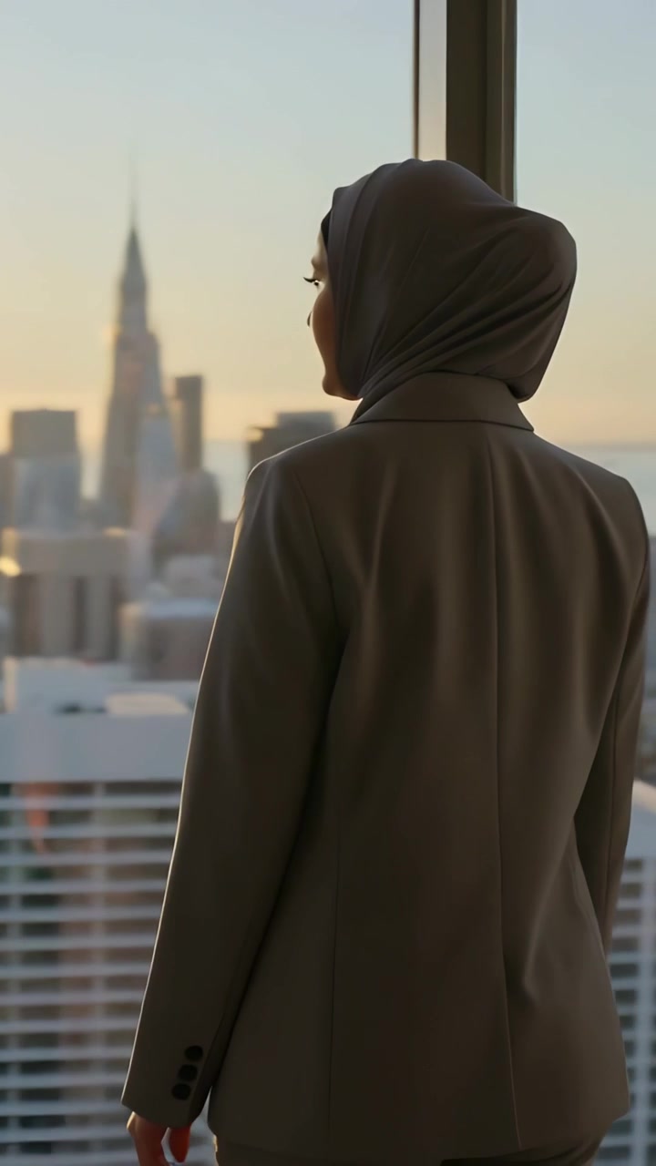 Lodret video: Kvinde i hijab og blazer vender sig, oplyst af lav sol i vinduet, der reflekterer skyline.