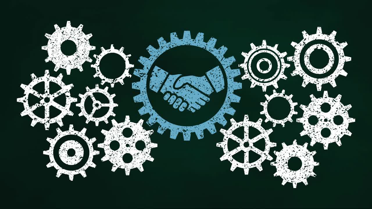 el concepto del mecanismo de engranajes de negocio en la pizarra. icono de apretón de manos azul.