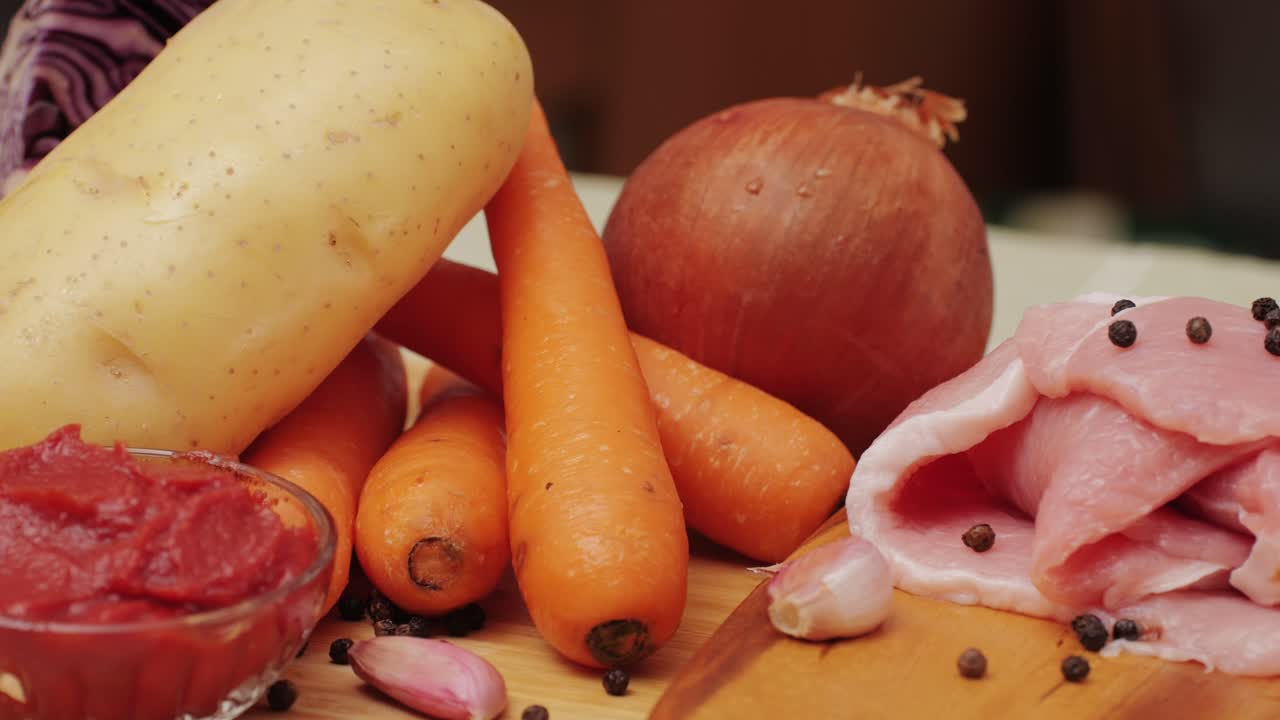 Borscht Ingredients, beetroot soup, Raw fresh vegetables: carrot, cabbage, potatoes, onion, beet, tomatoes pasta and spices and raw chicken. Cooking traditional Ukranian Soviet Union Russian Borsch.
