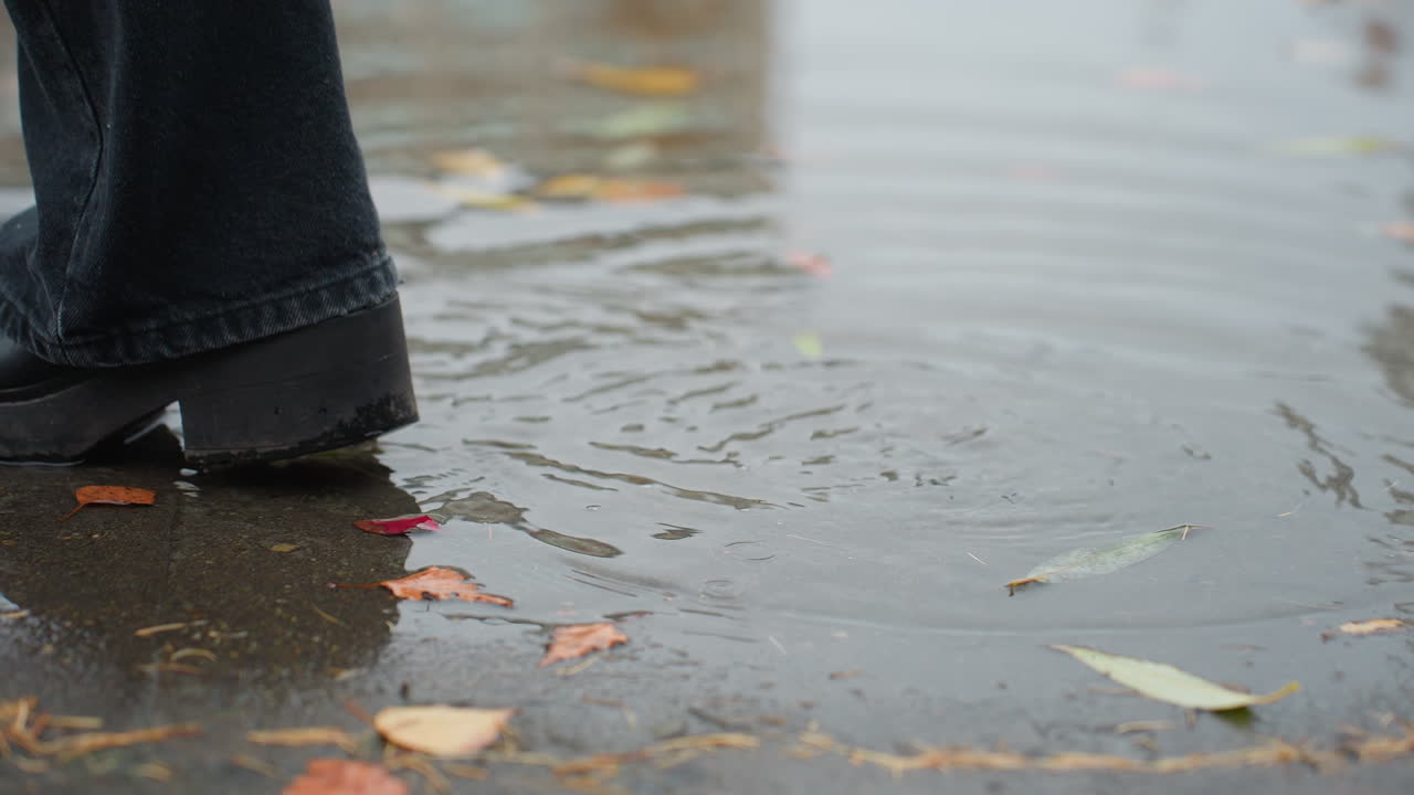 Close-up of water puddle on wet paved path scattered with colorful autumn leaves reflecting bare trees above, as black boot gently steps on surface creating soft ripples on cold overcast day