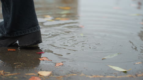 close-up of water puddle on wet paved path scattered with colorful autumn leaves reflecting bare trees above, as black boot gently steps on surface creating soft ripples on cold overcast day