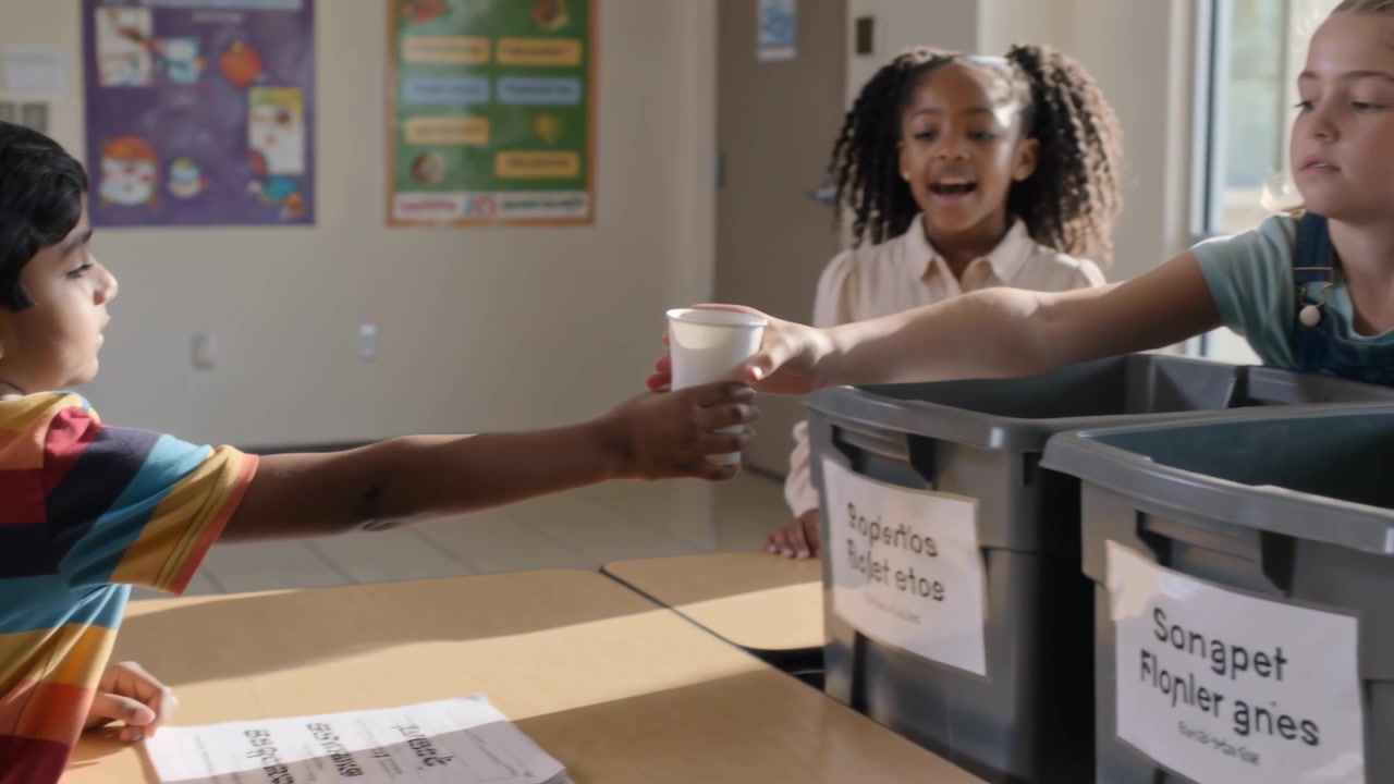 Handing striped boy per sheet at school, overalls girl placing cup into tagged bin, copy space