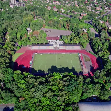 aerial view of a stadium in a park