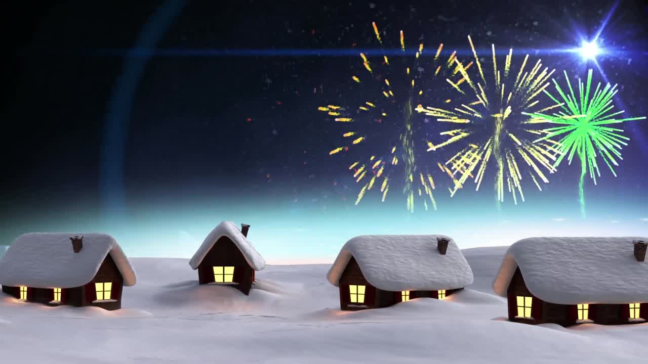Digital animation af flere sneklædte huse på et vinterlandskab mod fyrværkeri, der eksploderer.