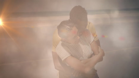 Couple embracing indoors, glowing light streaks and animated sparkles creating dreamy health theme