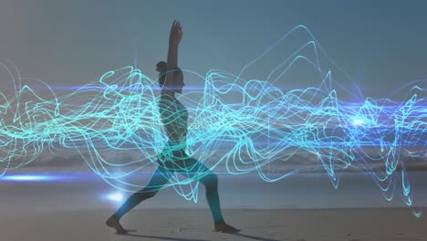 Animation-Blauer-Linien-über-Einer-Kaukasischen-Frau,-Die-Am-Strand-Yoga-Praktiziert