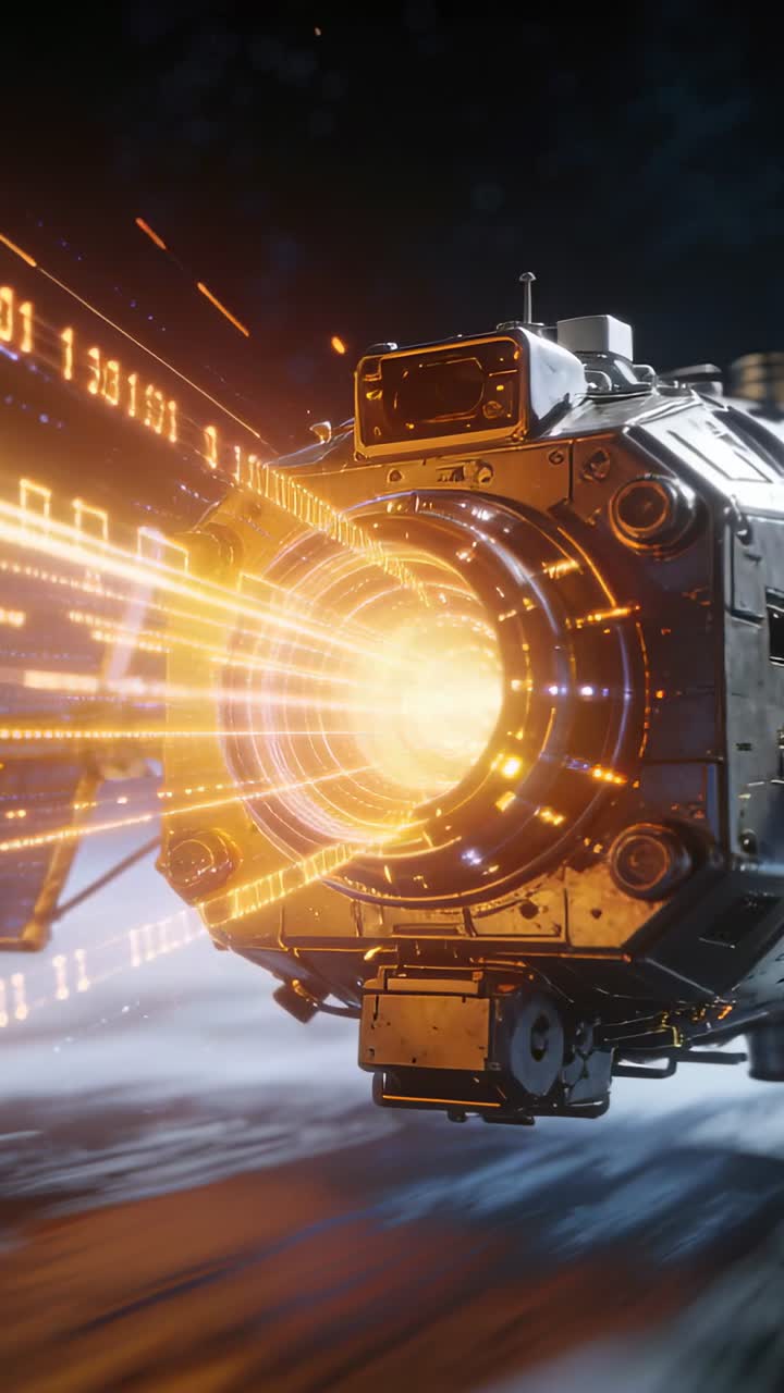 Spacecraft power module aligning with holographic ribbon, projecting orange beams for propulsion