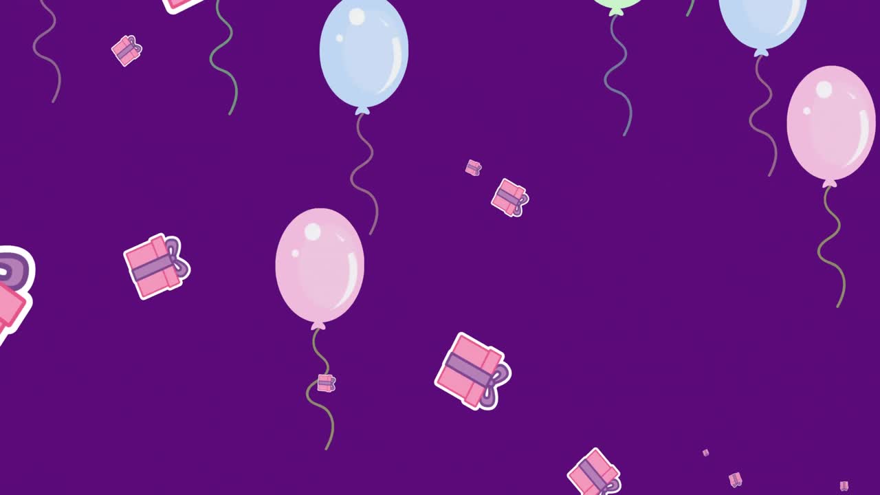 animación de globos que caen y regalos sobre un fondo púrpura