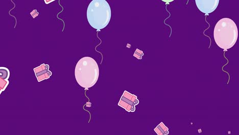 Animation-Fallender-Luftballons-Und-Geschenke-Auf-Violettem-Hintergrund