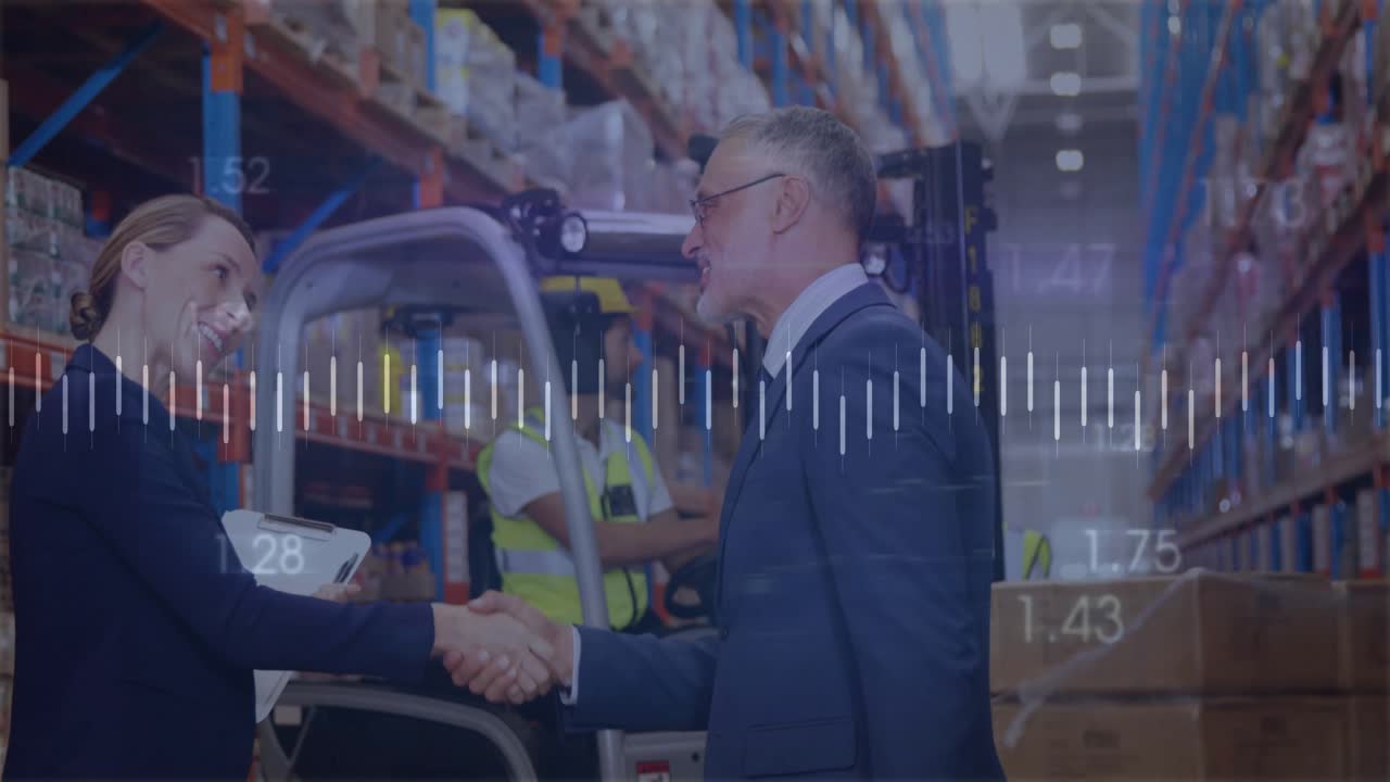 Leder ankommer og giver hånd til leder under dataoverlejring, gennemgår aktier via clipboard