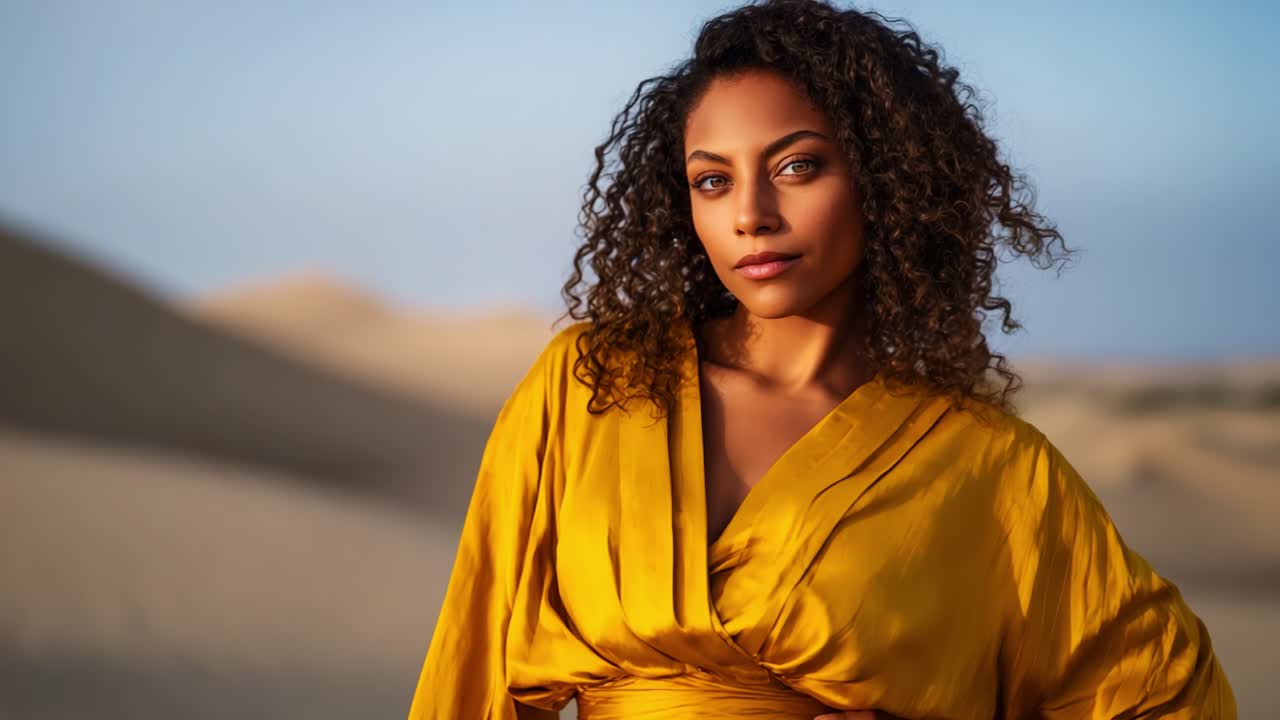 Uma mulher confiante posando graciosamente em uma paisagem desértica, vestida com uma roupa amarela vibrante, capturada durante o pôr do sol para um efeito belo e artístico