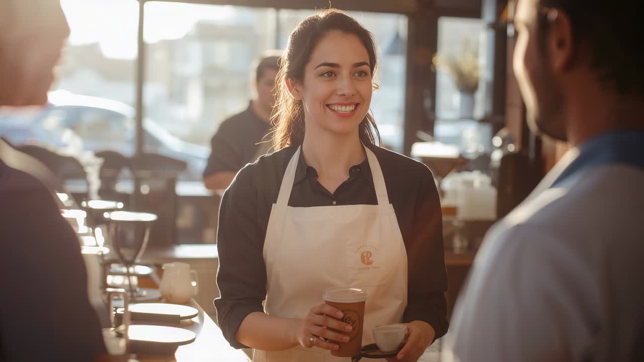 Smiling female barista holding to-go cup in white apron handing cup at cafe counter, serving order