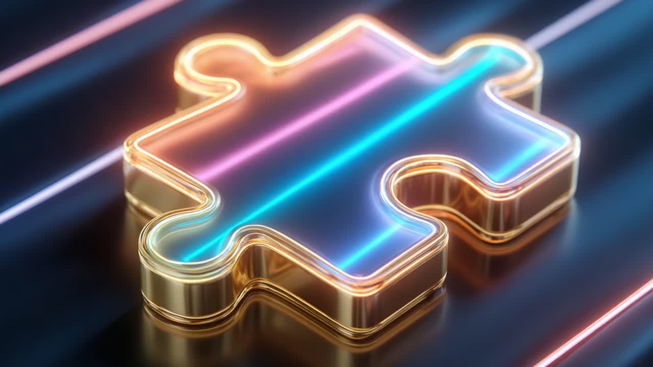 A Glowing Puzzle Piece with Vibrant Neon Lights Set Against a Dark Background, Representing Connection, Completeness, and Problem Solving in a Modern Digital Aesthetic