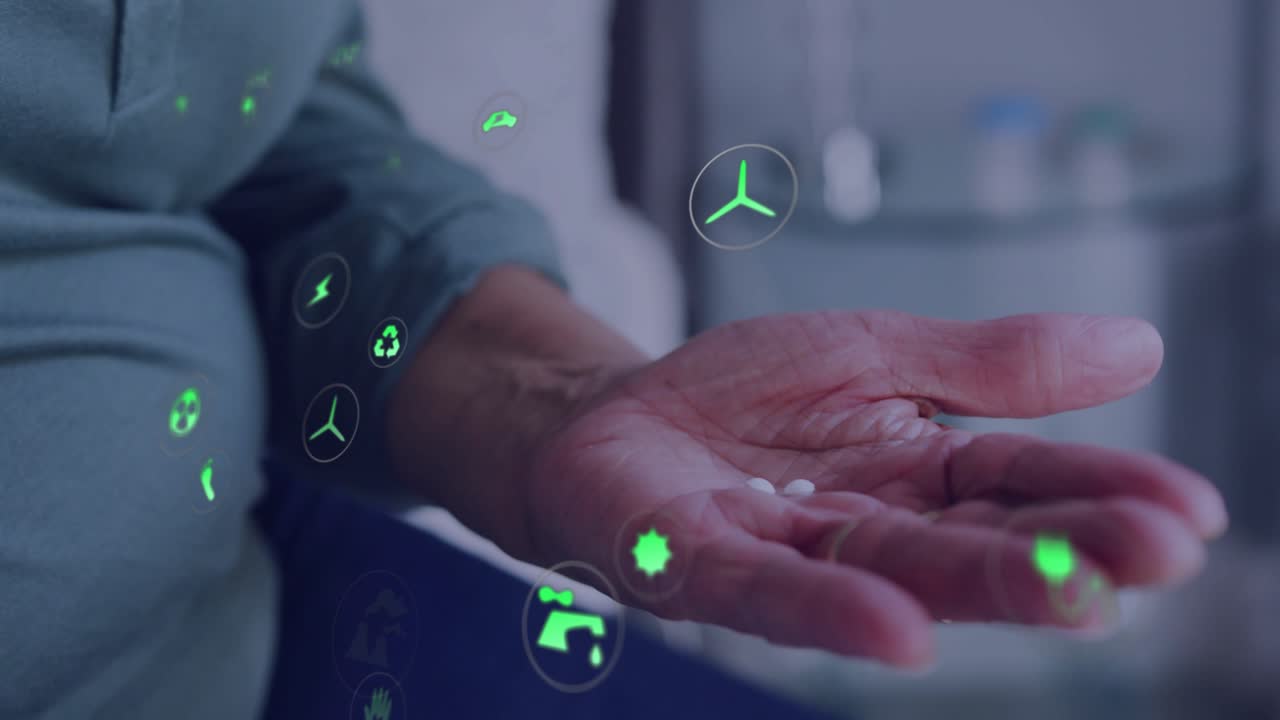 Woman lifting pill bottle and pouring pills on couch as eco icons rearranging showing eco impact